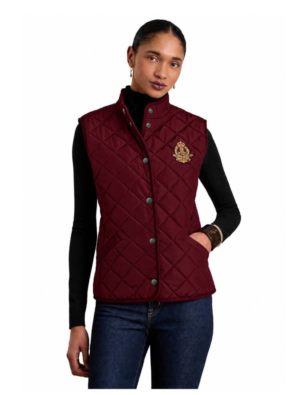 NEW Lauren Ralph Lauren Women's Quilted Crest Vest with Corduroy Trim Size Large
